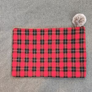 Red and Black Plaid Clutch with Pom Pom